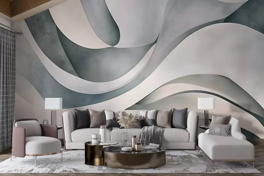 Fototapete Weiße, blaue und graue geschwungene Formen, die einen abstrakten, texturierten, modernen und minimalistischen Druck erzeugen  w08439v1