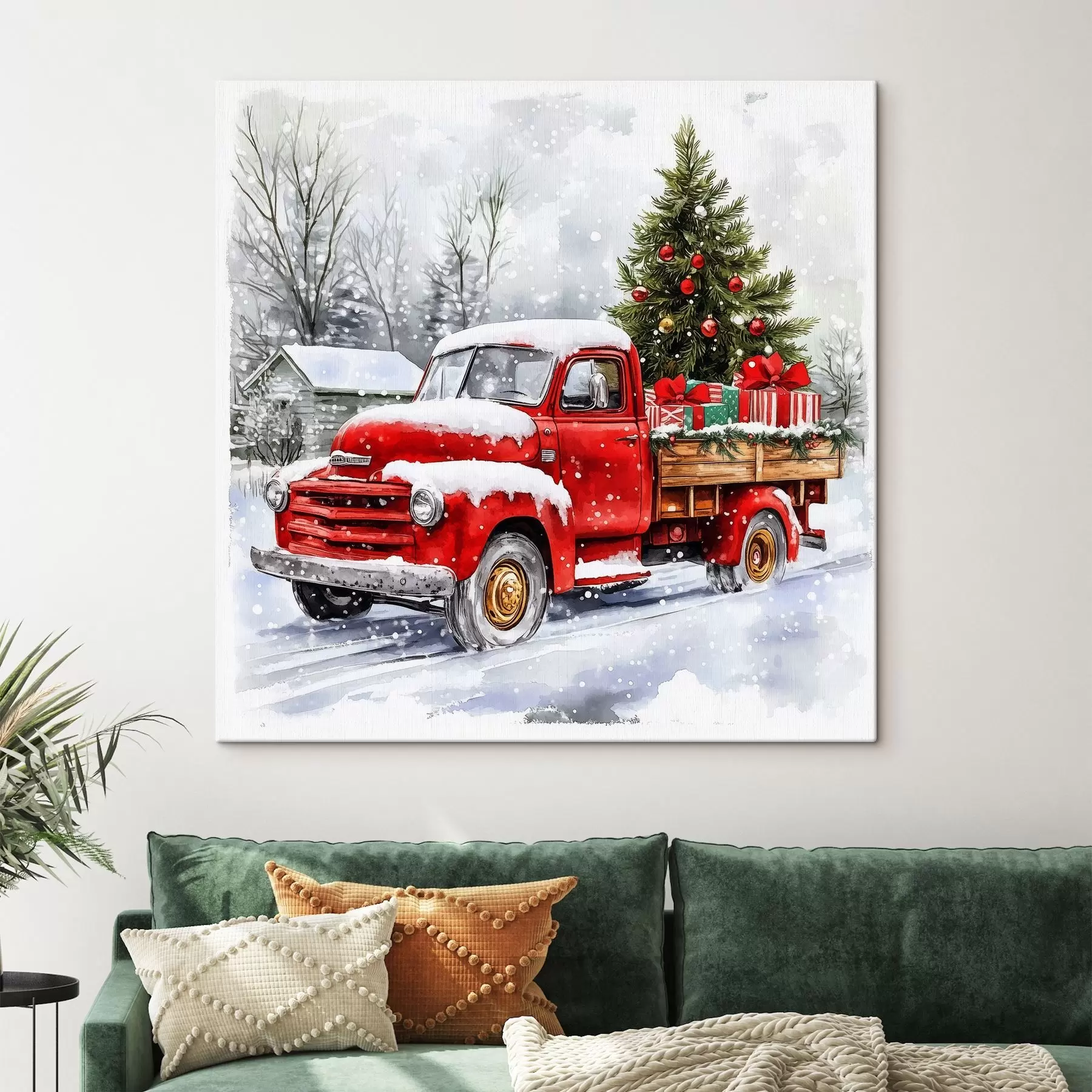 Fototapete Ein Weihnachtsauto mit einem Baum und Geschenken bei verschneitem Wetter s41968
