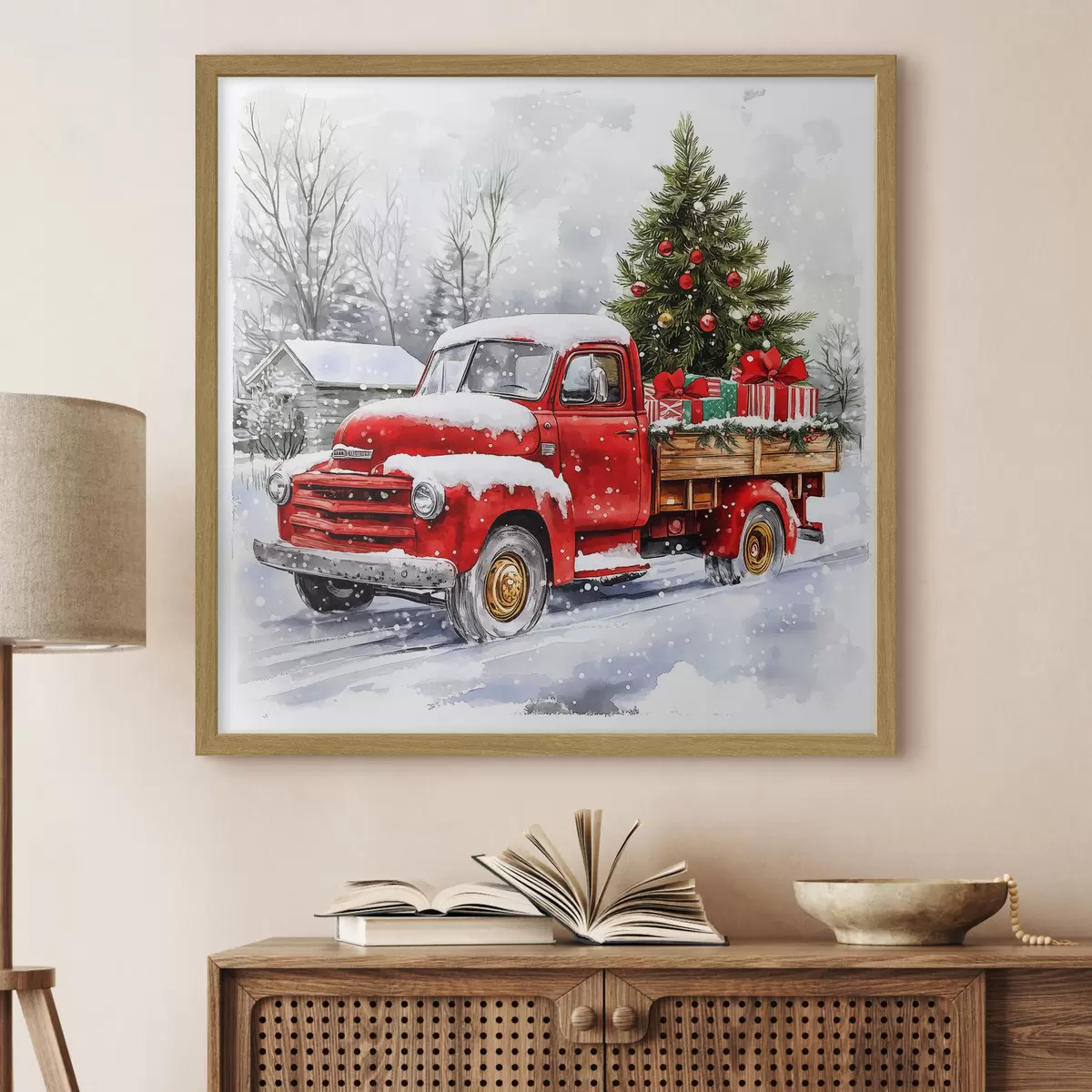 Poster Ein Weihnachtsauto mit einem Baum und Geschenken bei verschneitem Wetter f41968