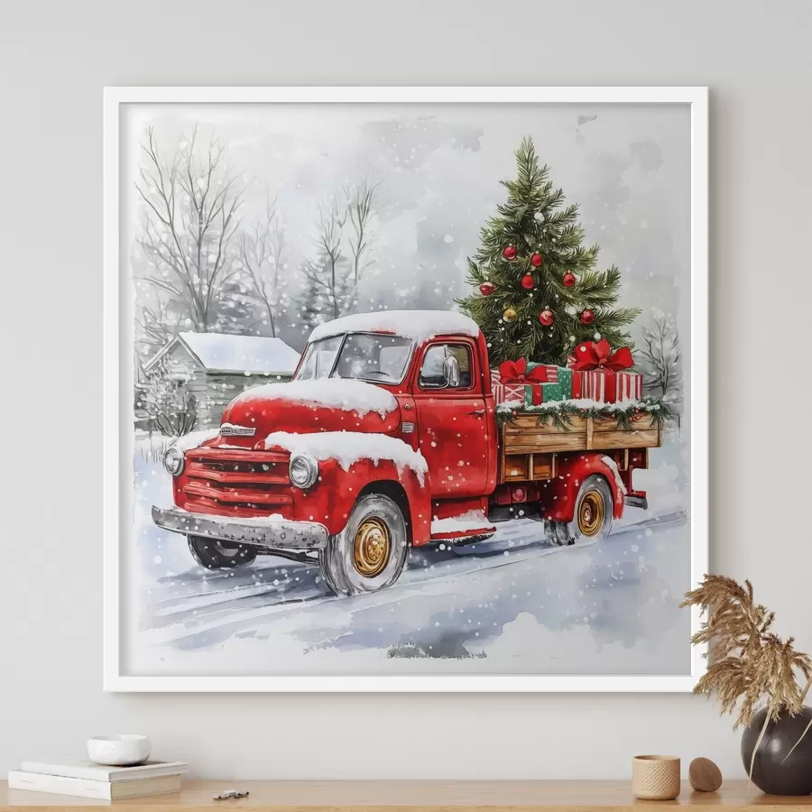 Fototapete Ein Weihnachtsauto mit einem Baum und Geschenken bei verschneitem Wetter f41968