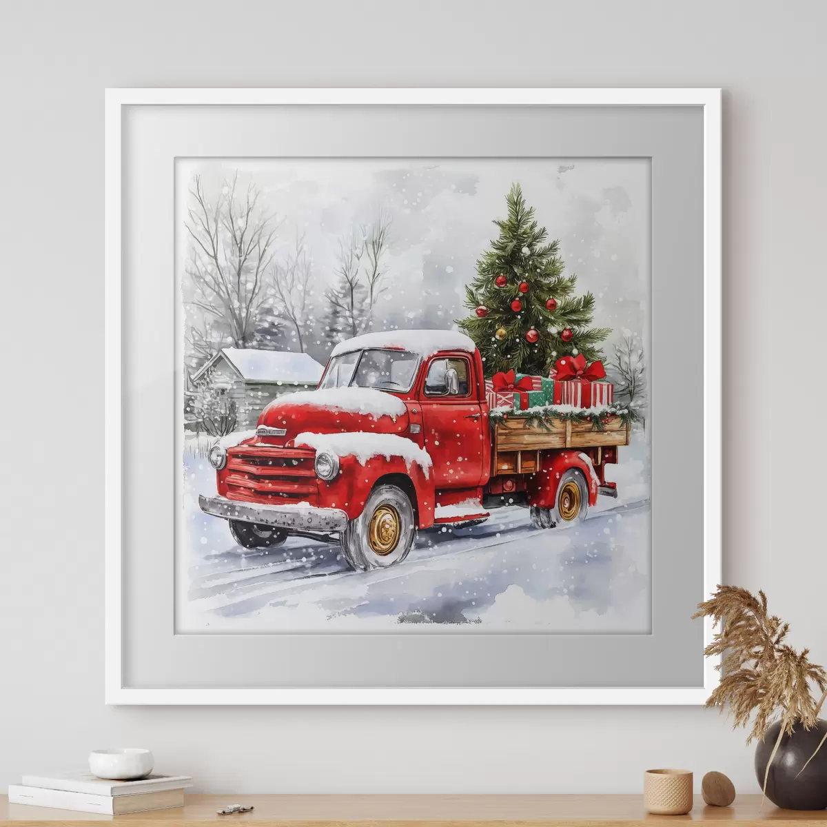 Poster Ein Weihnachtsauto mit einem Baum und Geschenken bei verschneitem Wetter f41968