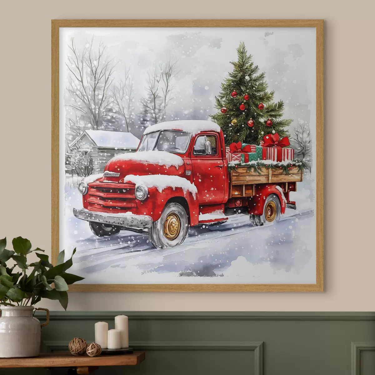 Poster Ein Weihnachtsauto mit einem Baum und Geschenken bei verschneitem Wetter f41968