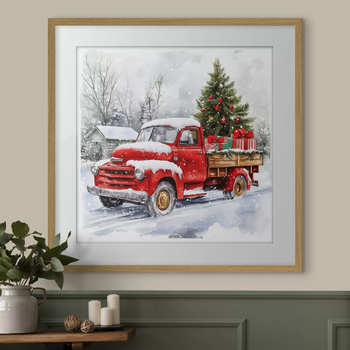 Poster Ein Weihnachtsauto mit einem Baum und Geschenken bei verschneitem Wetter f41968