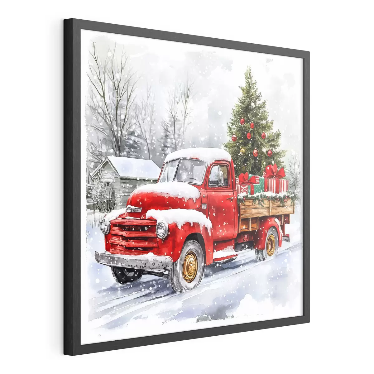 Poster Ein Weihnachtsauto mit einem Baum und Geschenken bei verschneitem Wetter f41968