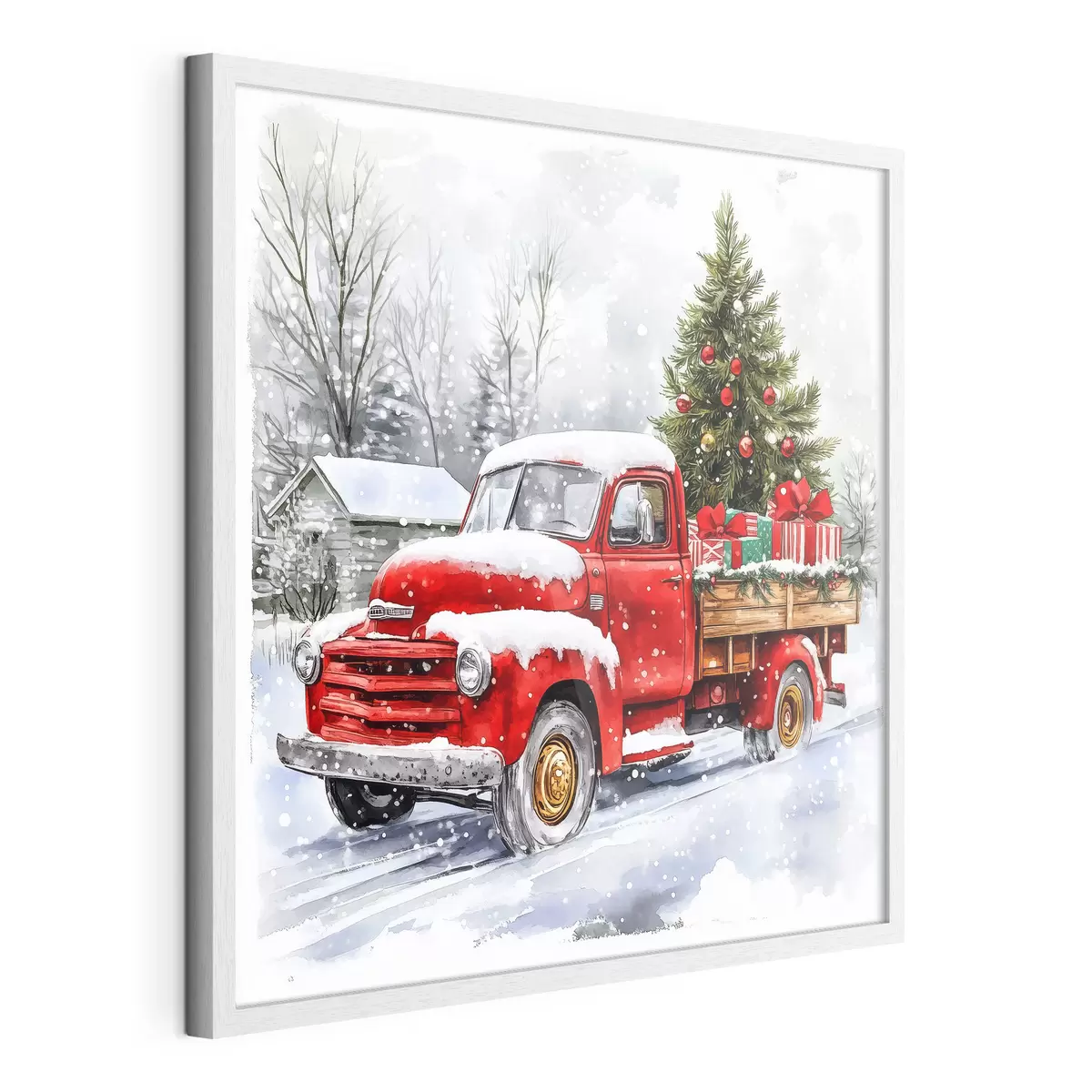 Poster Ein Weihnachtsauto mit einem Baum und Geschenken bei verschneitem Wetter f41968