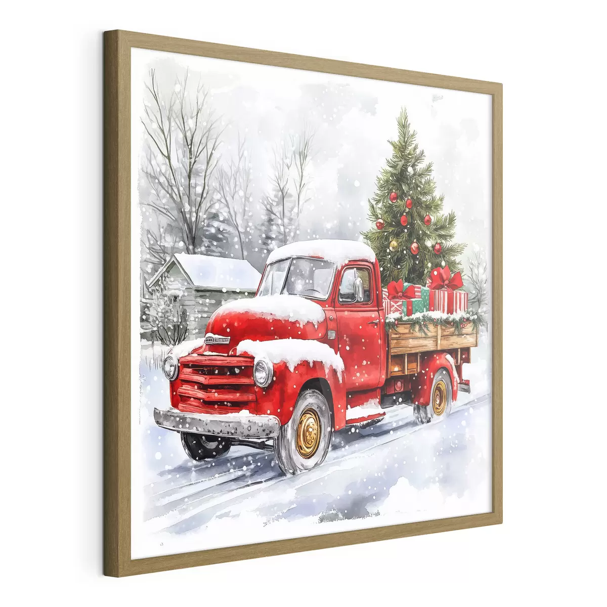 Poster Ein Weihnachtsauto mit einem Baum und Geschenken bei verschneitem Wetter f41968