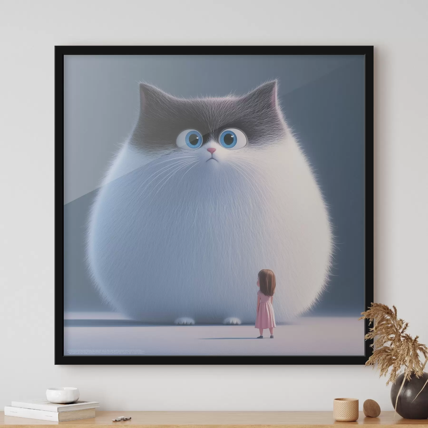 Fototapete Eine überraschte flauschige Katze mit einem Mädchen im Illustrationsstil f41974