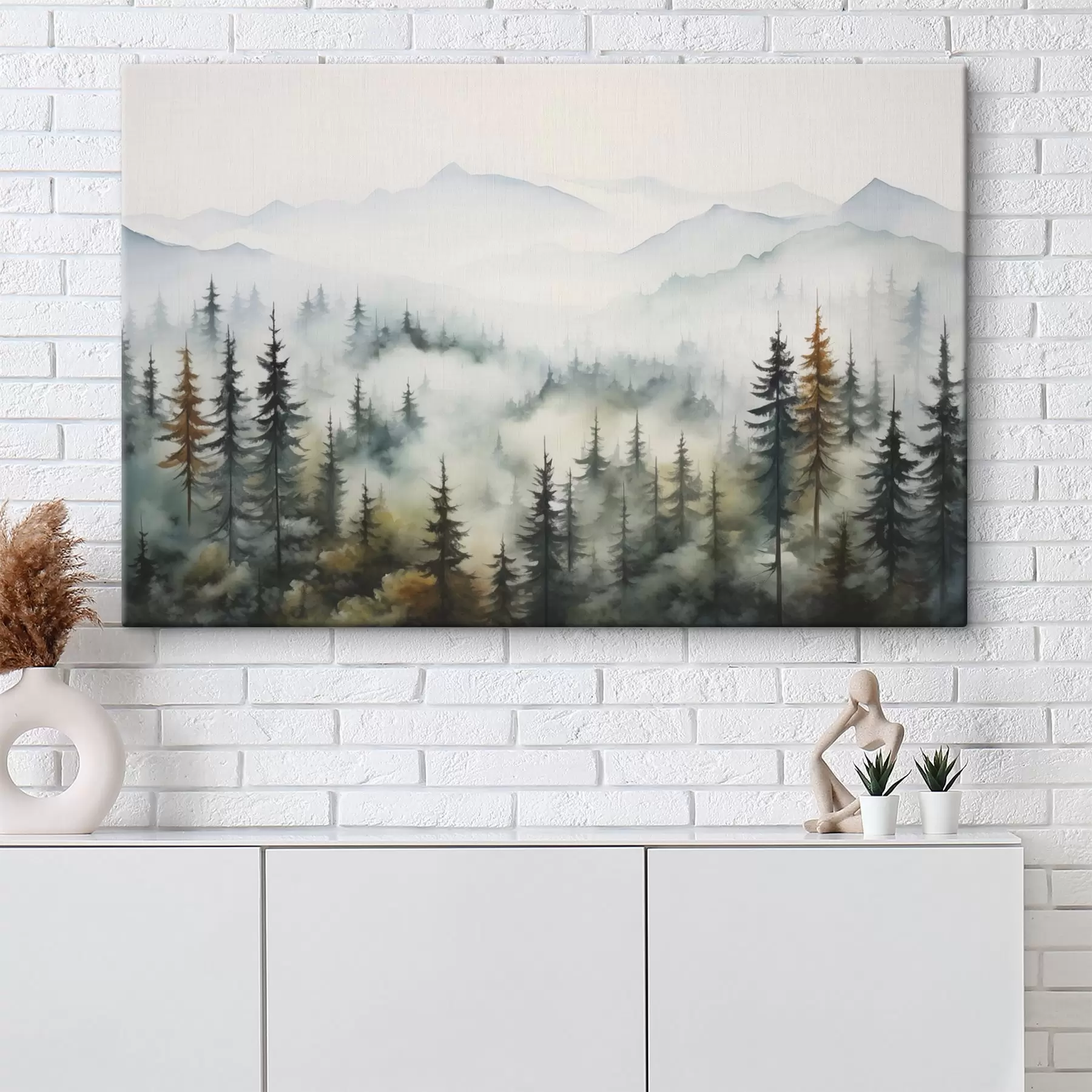 Fototapete Wald auf dem Hintergrund der Berge im Nebel Nachahmung des Aquarells s41935