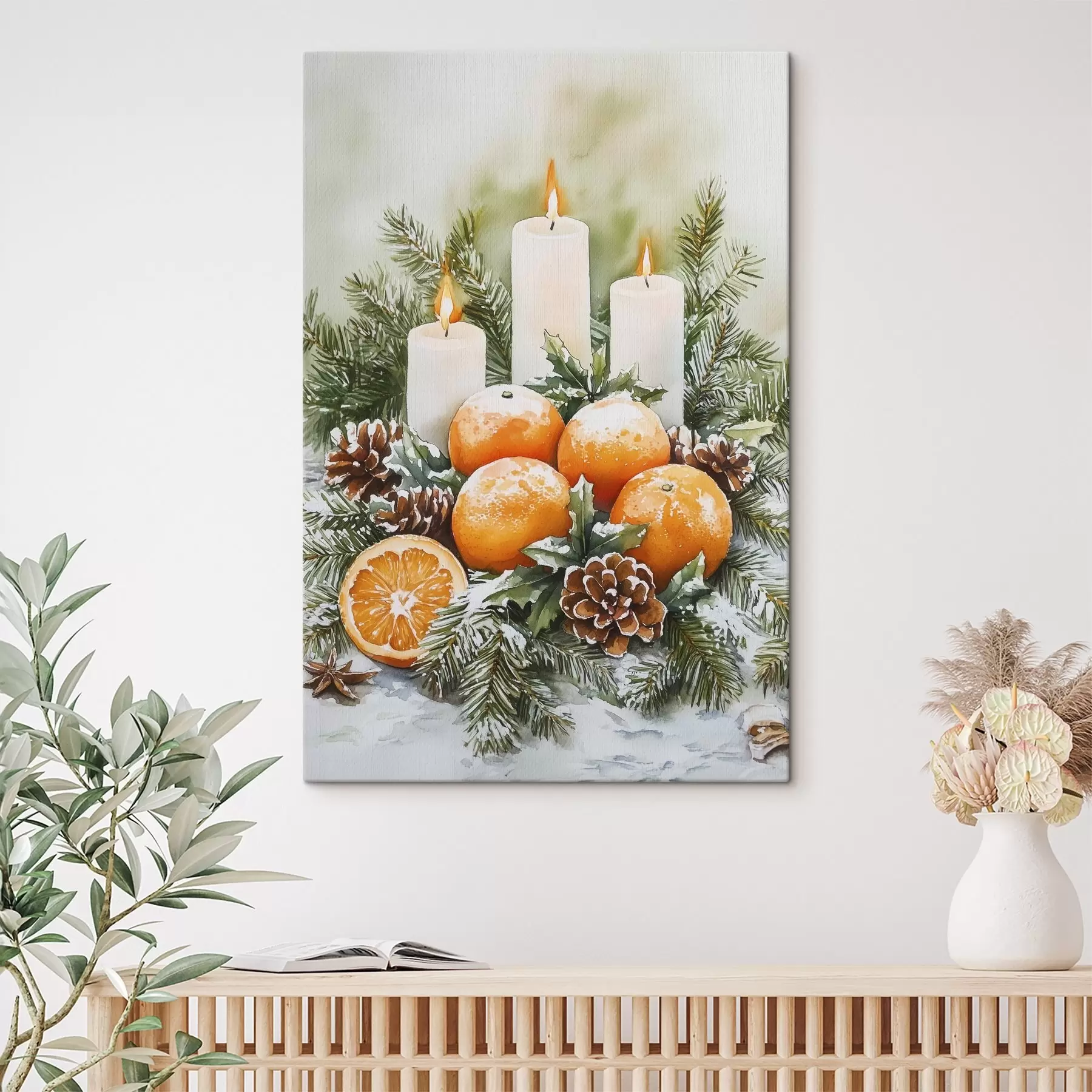 Fototapete Weihnachtsdekoration mit Kerzen, Tannenbaum, Zapfen und Orangen, Aquarellstil s41951
