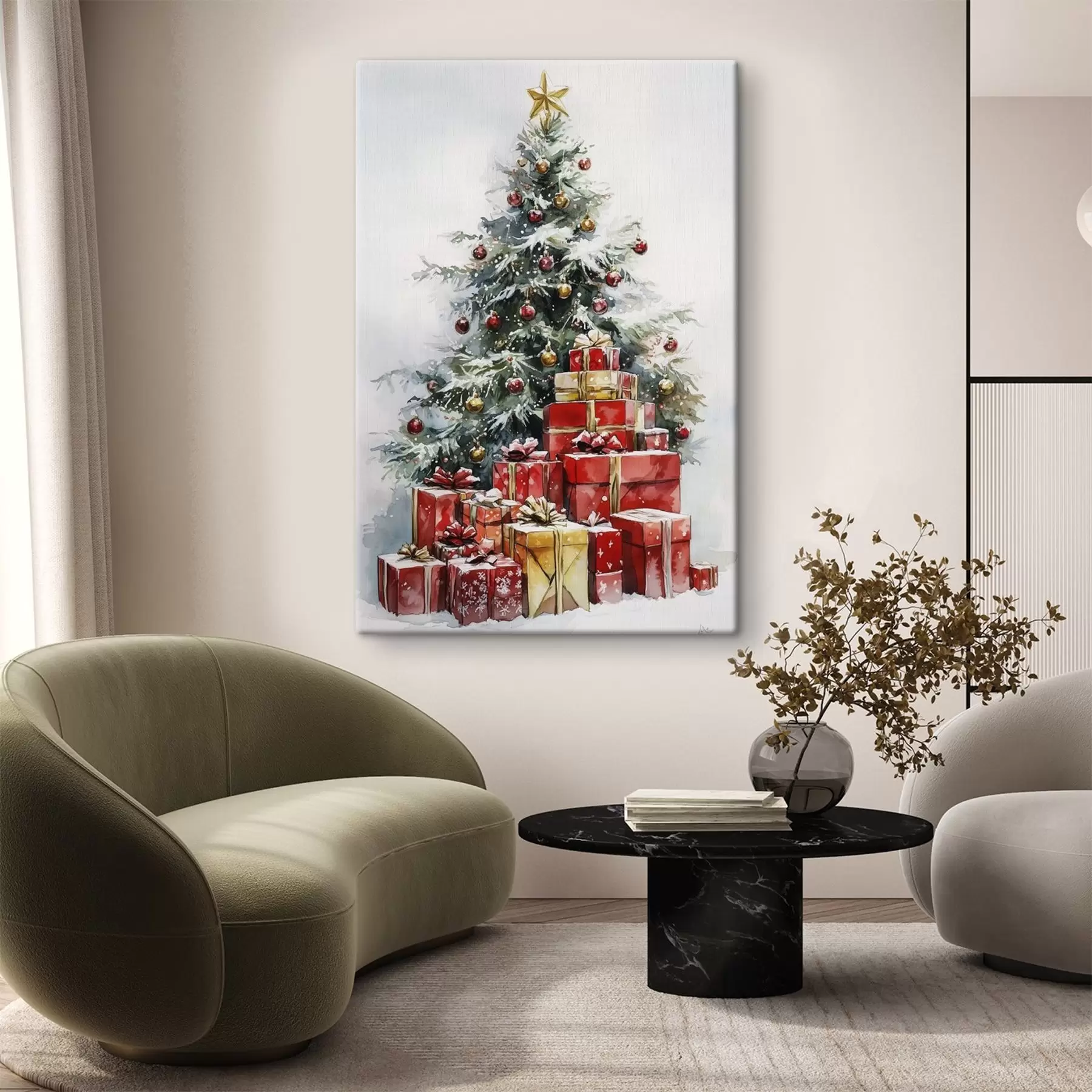 Fototapete Festlicher Weihnachtsbaum mit eingepackten Geschenken, Schnee, Aquarellstil s41953