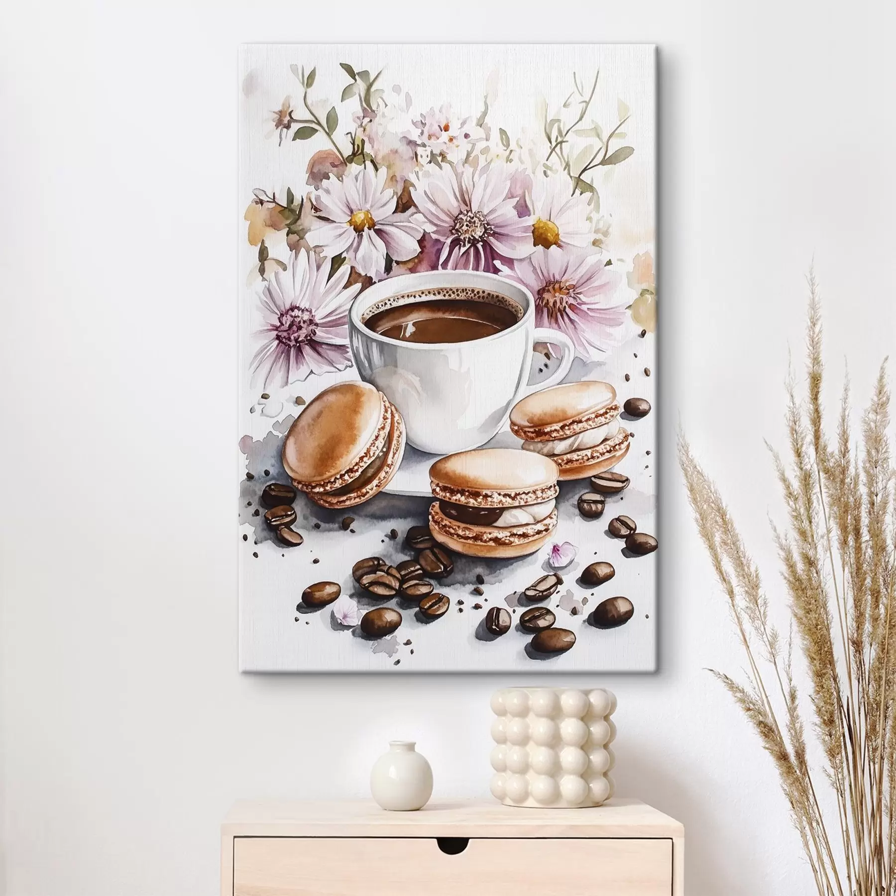 Fototapete Tasse Kaffee mit Makronen, rosa Blumen, Aquarell-Stil, Kaffeebohnen  s41963