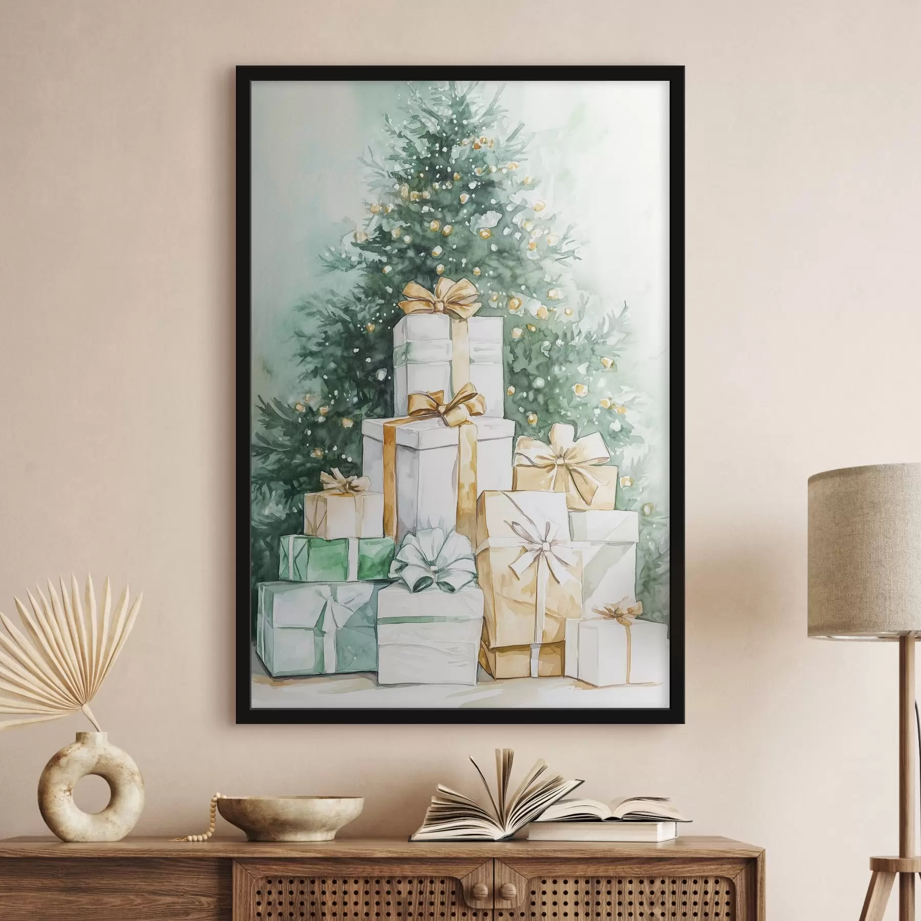 Fototapete Weihnachtsbaum mit eingepackten Geschenken, Aquarellstil, festlich f41944