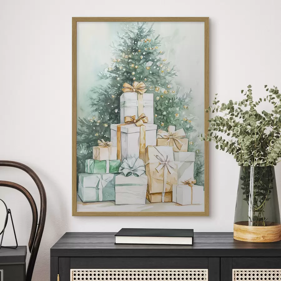 Fototapete Weihnachtsbaum mit eingepackten Geschenken, Aquarellstil, festlich f41944