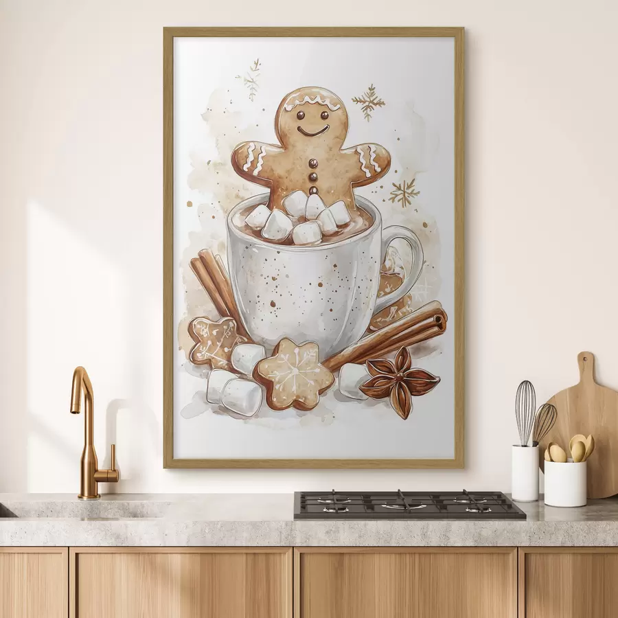 Fototapete Lebkuchenmänner in der Tasse Kaffee, Zimt, Marshmallows, Aquarell-Stil, beige f41948
