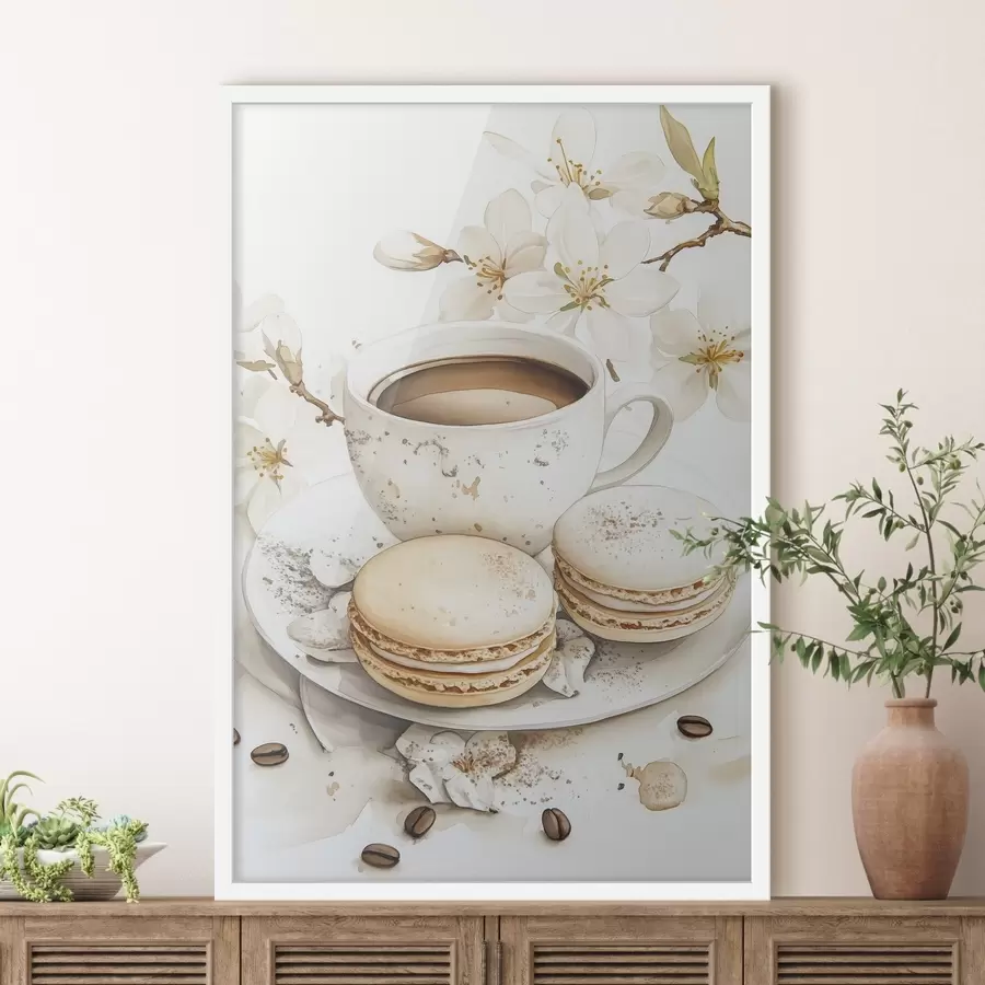 Fototapete Tasse Kaffee mit Makronen, Aquarellstil, weiche Farben, Jasminblüten f41949
