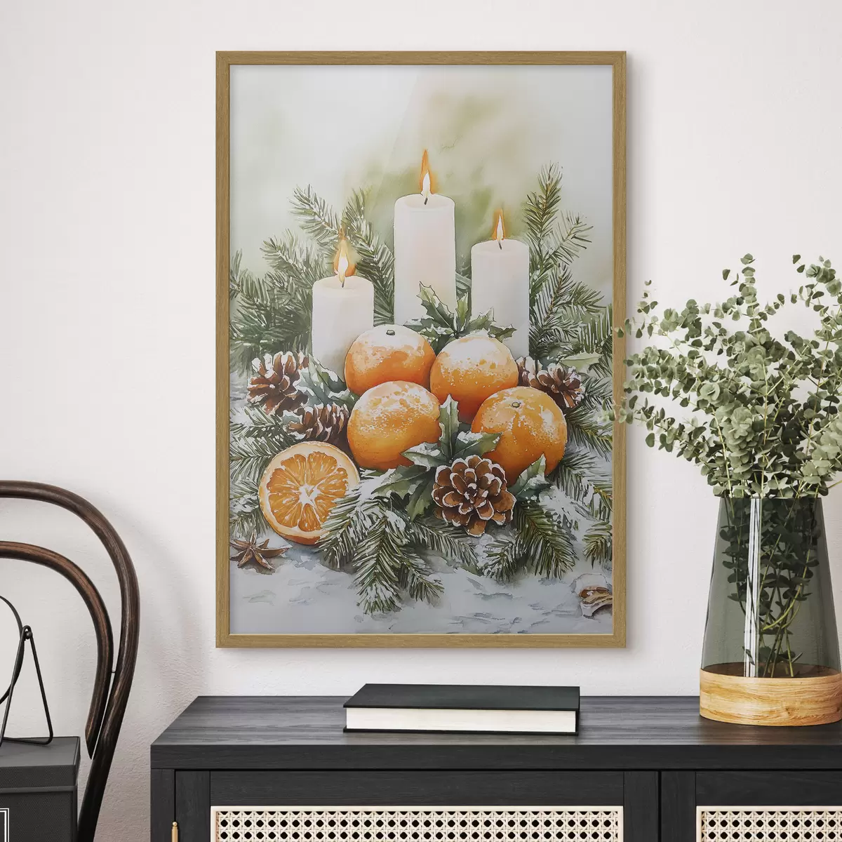 Poster Weihnachtsdekoration mit Kerzen, Tannenbaum, Zapfen und Orangen, Aquarellstil f41951
