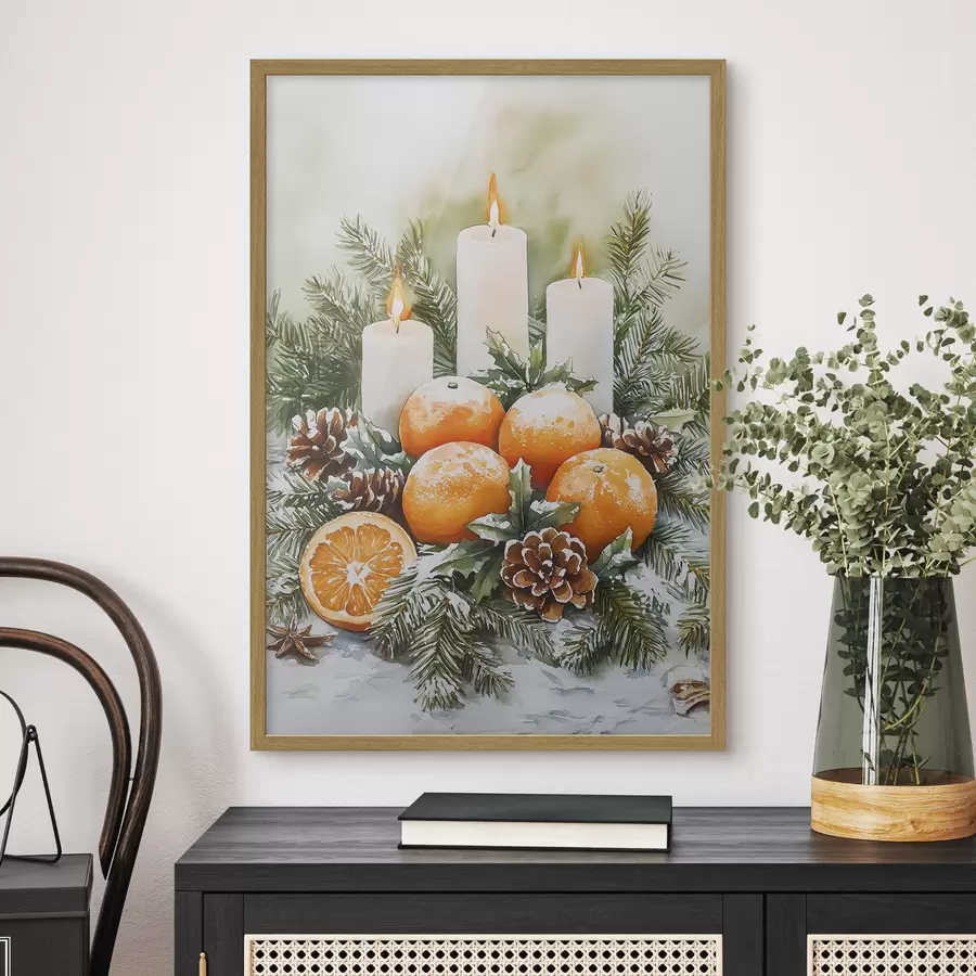 Fototapete Weihnachtsdekoration mit Kerzen, Tannenbaum, Zapfen und Orangen, Aquarellstil f41951