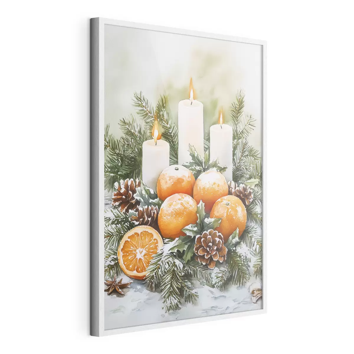 Poster Weihnachtsdekoration mit Kerzen, Tannenbaum, Zapfen und Orangen, Aquarellstil f41951
