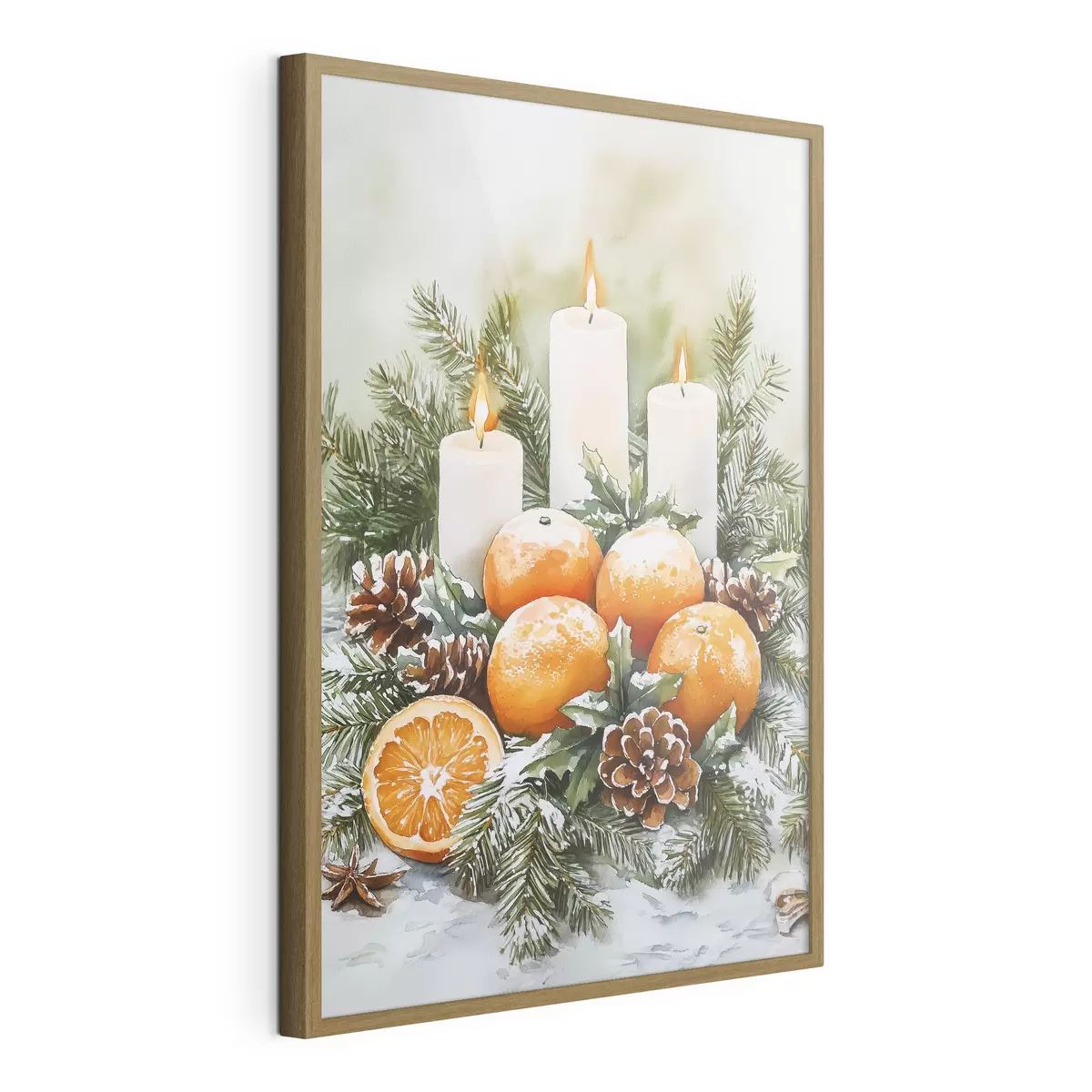 Poster Weihnachtsdekoration mit Kerzen, Tannenbaum, Zapfen und Orangen, Aquarellstil f41951