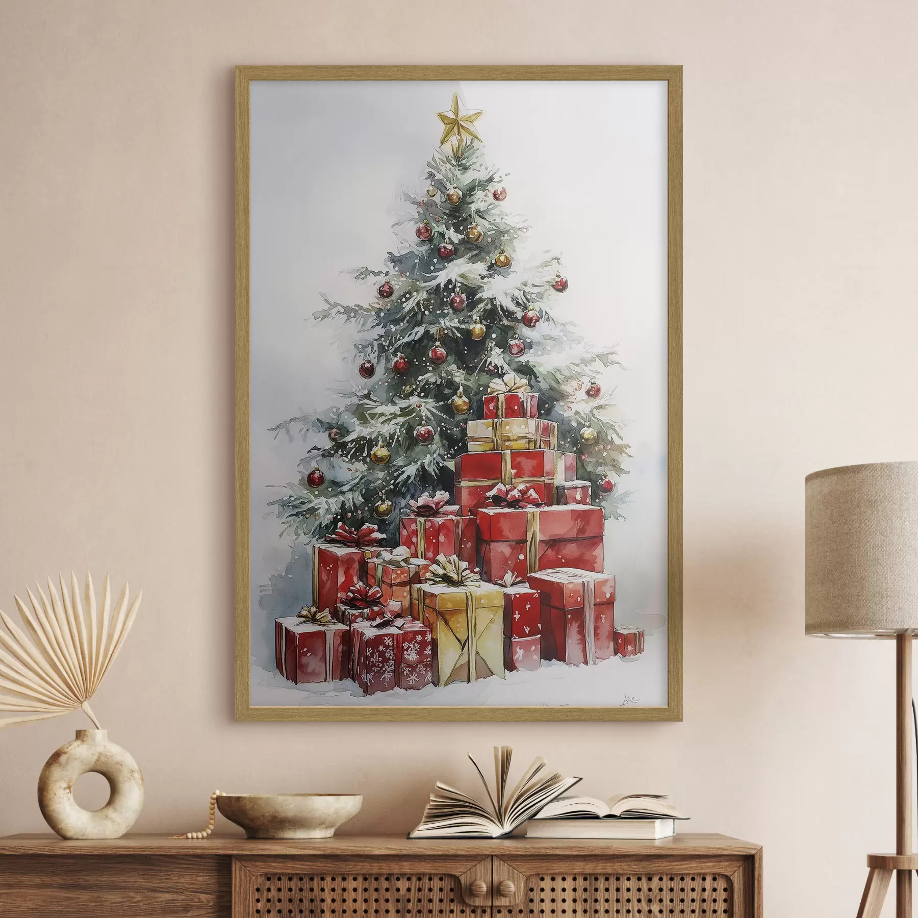 Fototapete Festlicher Weihnachtsbaum mit eingepackten Geschenken, Schnee, Aquarellstil f41953
