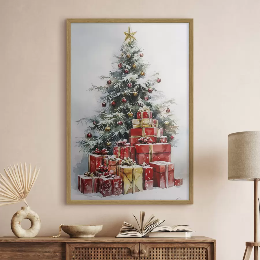 Fototapete Festlicher Weihnachtsbaum mit eingepackten Geschenken, Schnee, Aquarellstil f41953