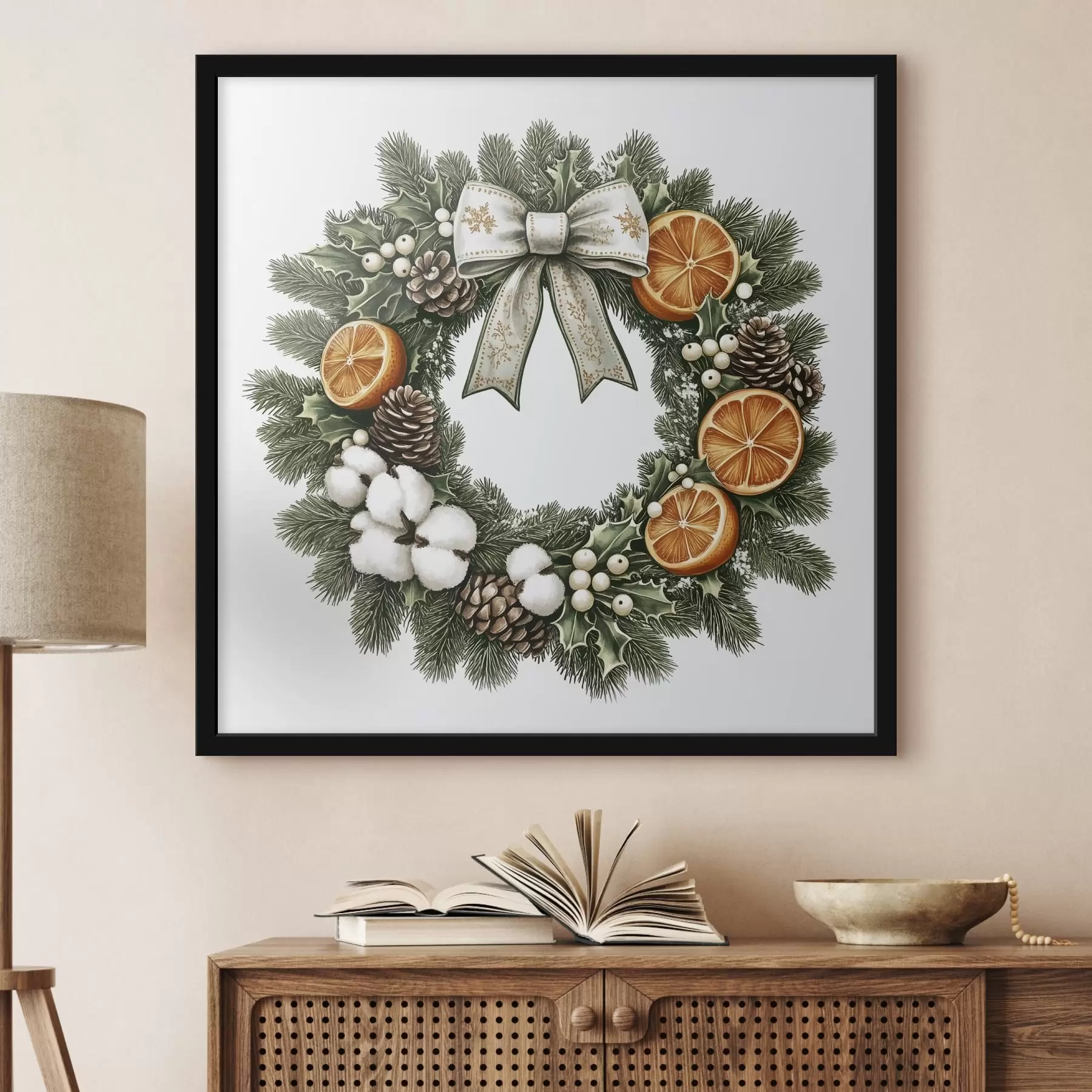 Fototapete Weihnachtskranz mit Baumwolle, Orangen, Waldbeeren und Zapfen, Aquarellstil f41954