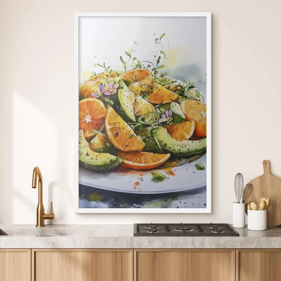 Fototapete Aquarell-Salat mit Kürbis, Orangen und Avocado f41957