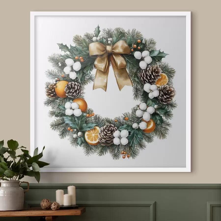 Fototapete Weihnachtskranz mit Schleife, Baumwolle, Orangen, Beeren und Zapfen f41962