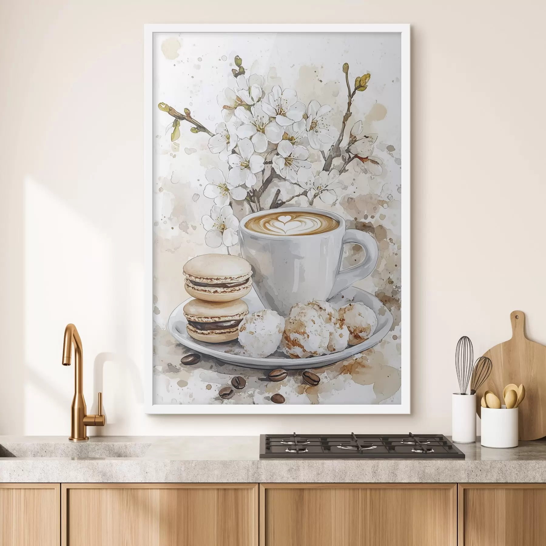 Fototapete Schöne Tasse Kaffee, Jasminblüten, Makronen, weiche Aquarellfarben f41964