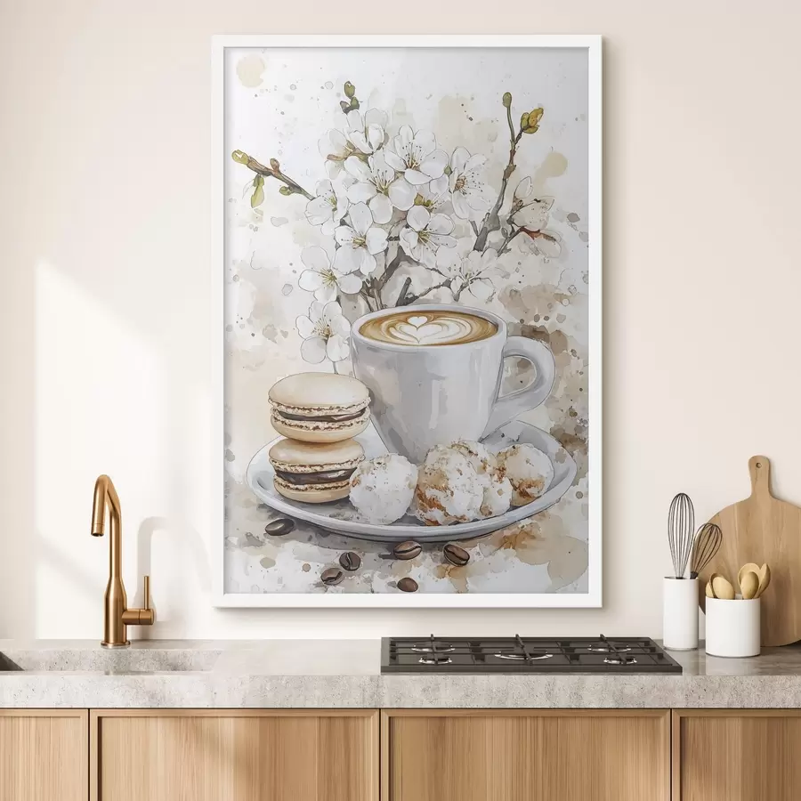Fototapete Schöne Tasse Kaffee, Jasminblüten, Makronen, weiche Aquarellfarben f41964