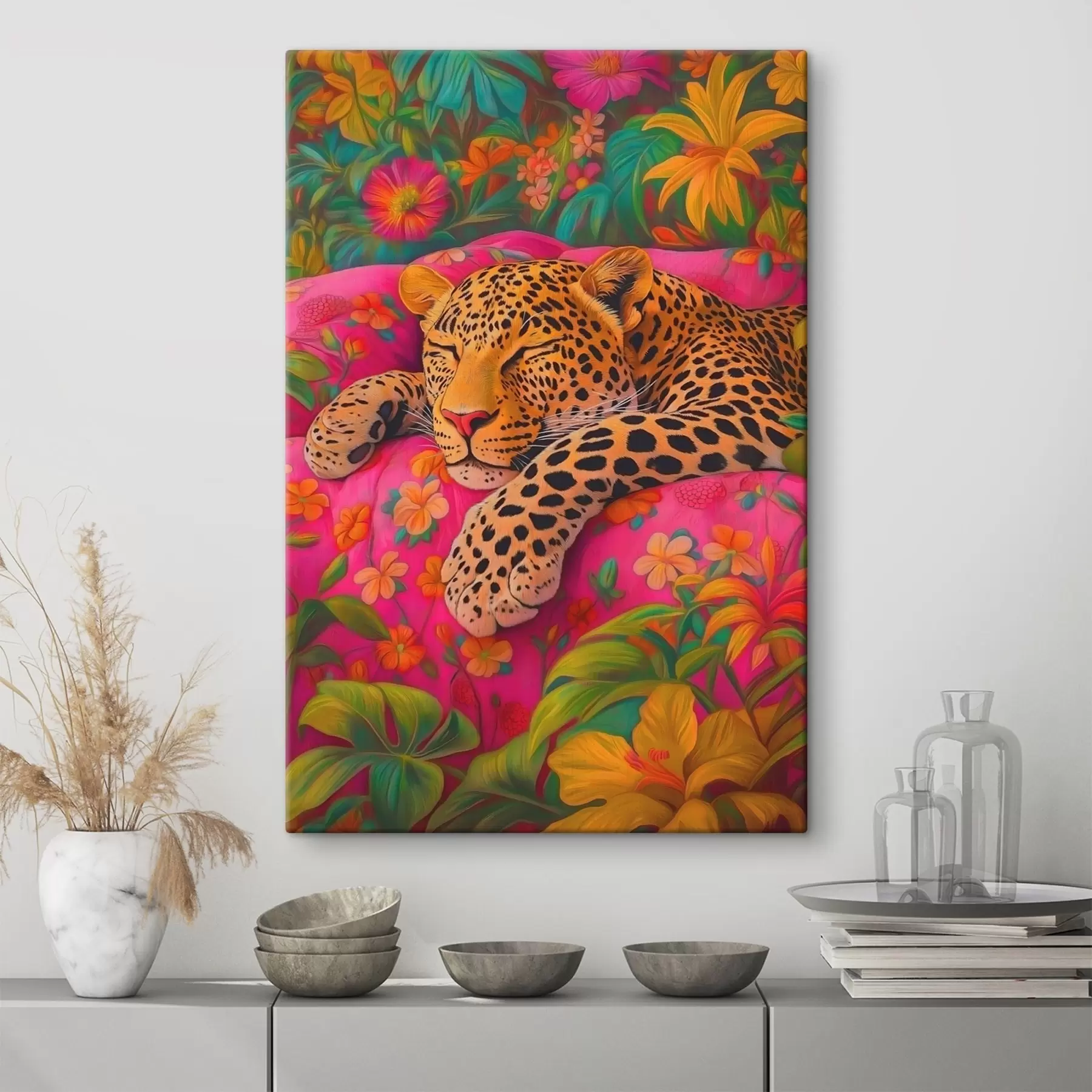 Fototapete Schlafender Leopard inmitten der Blumen s41929
