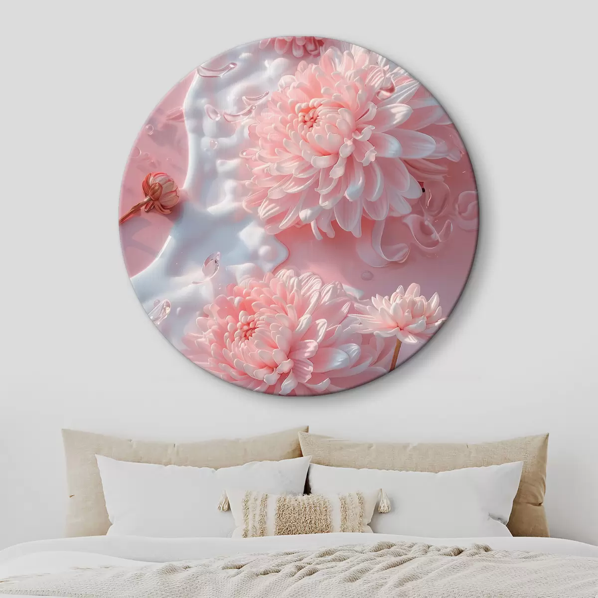 Runde Wandbilder Chrysanthemen-Komposition: einige Blüten mit einem Spritzer Milch auf rosa Hintergrund r39640