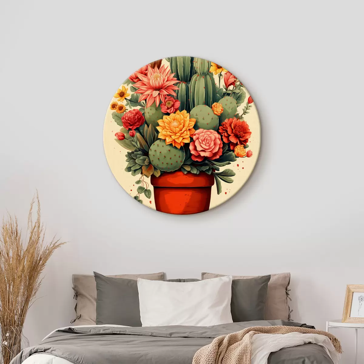 Runde Wandbilder Blühende Kakteen im Topf, grün, rot, gelb, orange Farbe r40316
