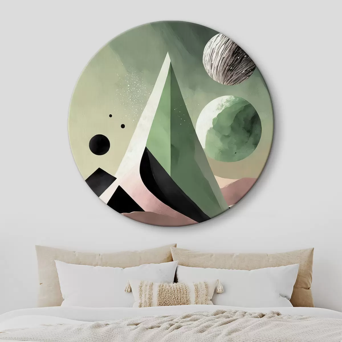 Runde Wandbilder Futuristische Kunst, Wüste, geometrisch, Kaktus, zartrosa, kosmisch, Planeten r37364