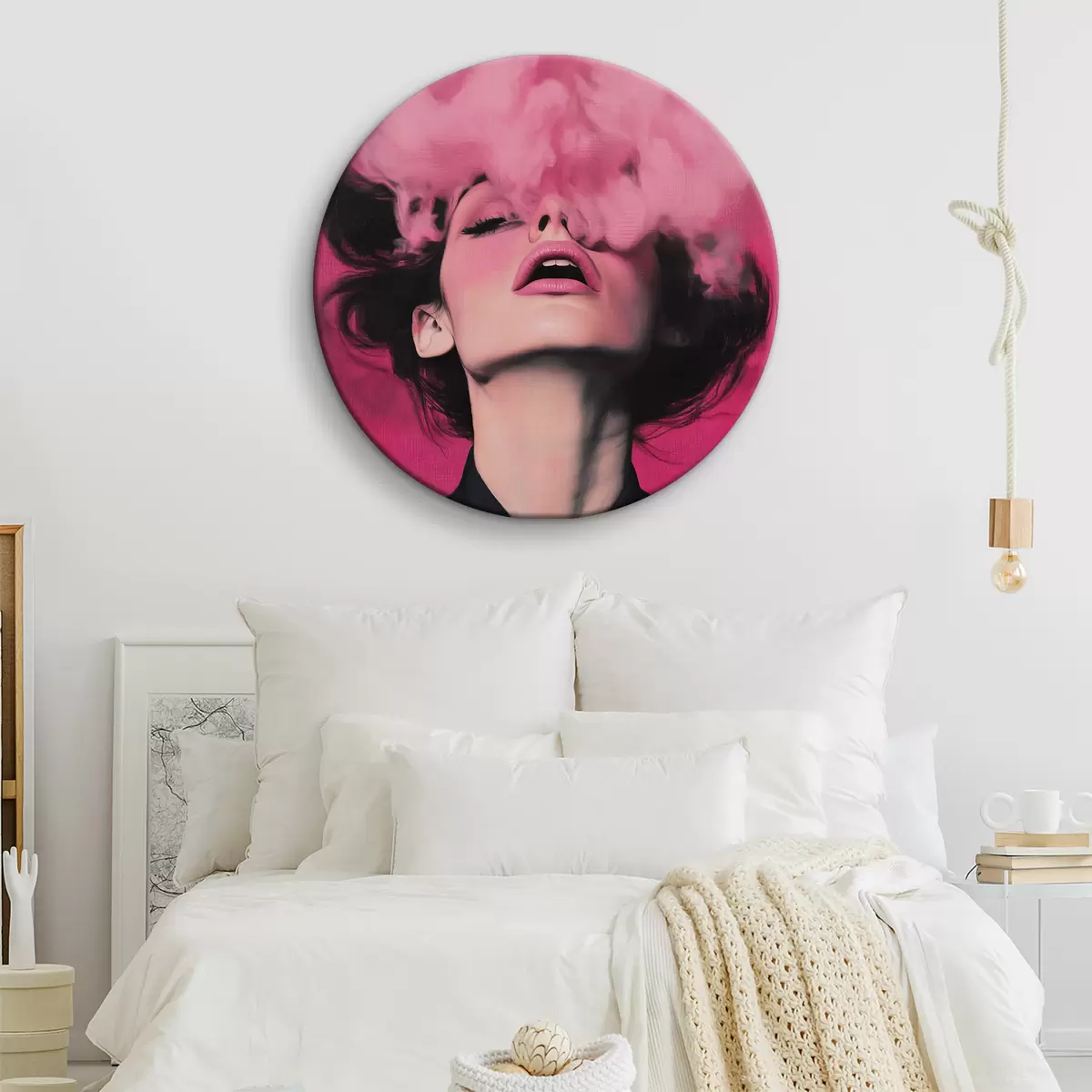 Runde Wandbilder Mädchen und rosa Rauch r39909