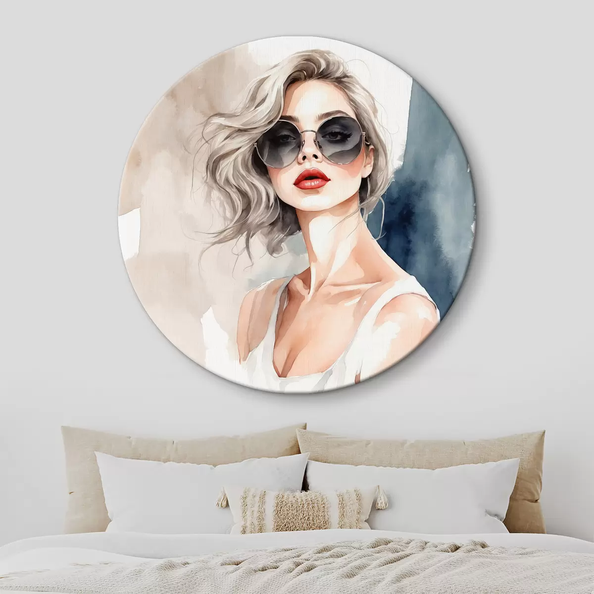 Runde Wandbilder Mädchen mit Brille auf Aquarell-Hintergrund r39158
