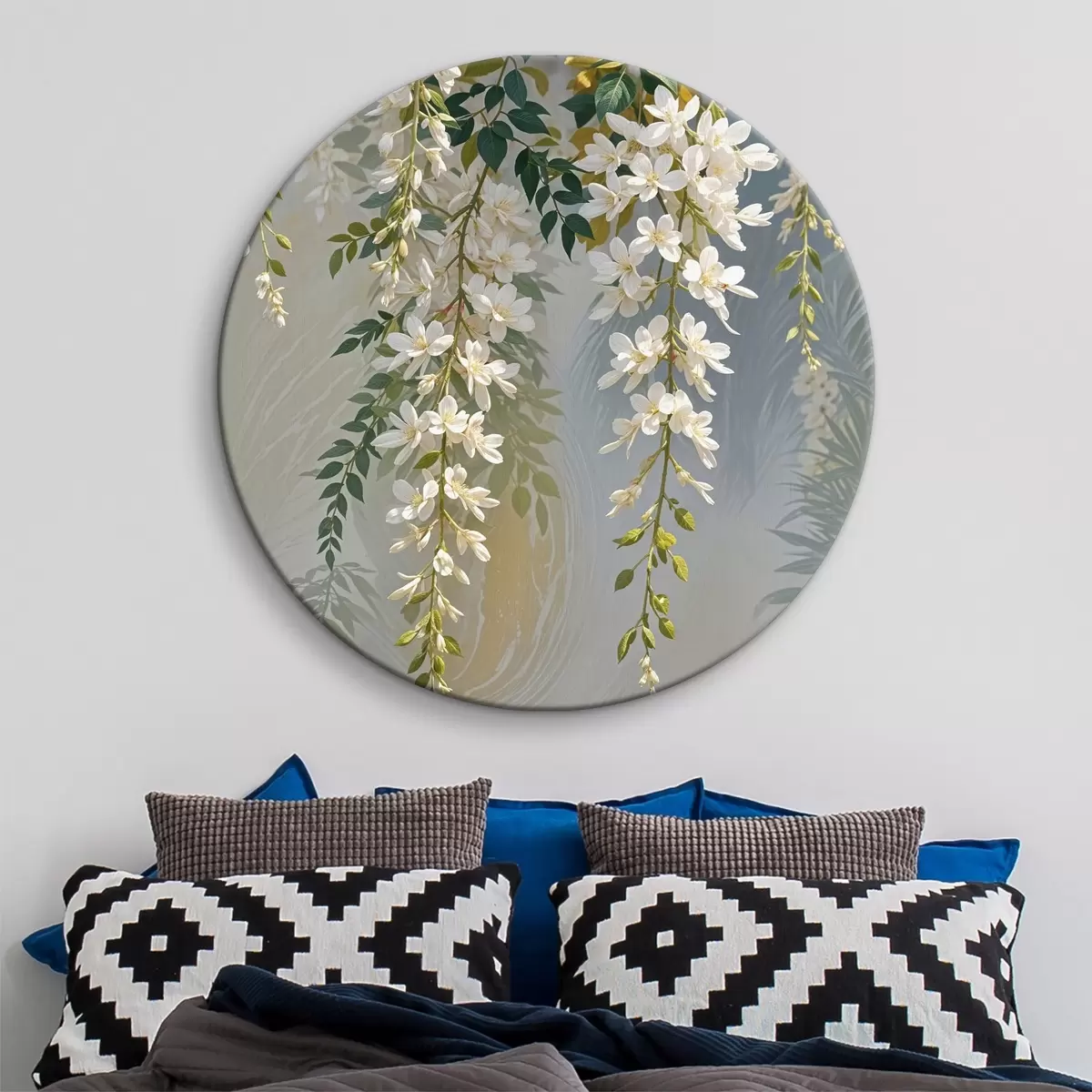 Runde Wandbilder Hängende weiße Glyzinienblüten mit grünen Blättern vor einem unscharfen Hintergrund r39530