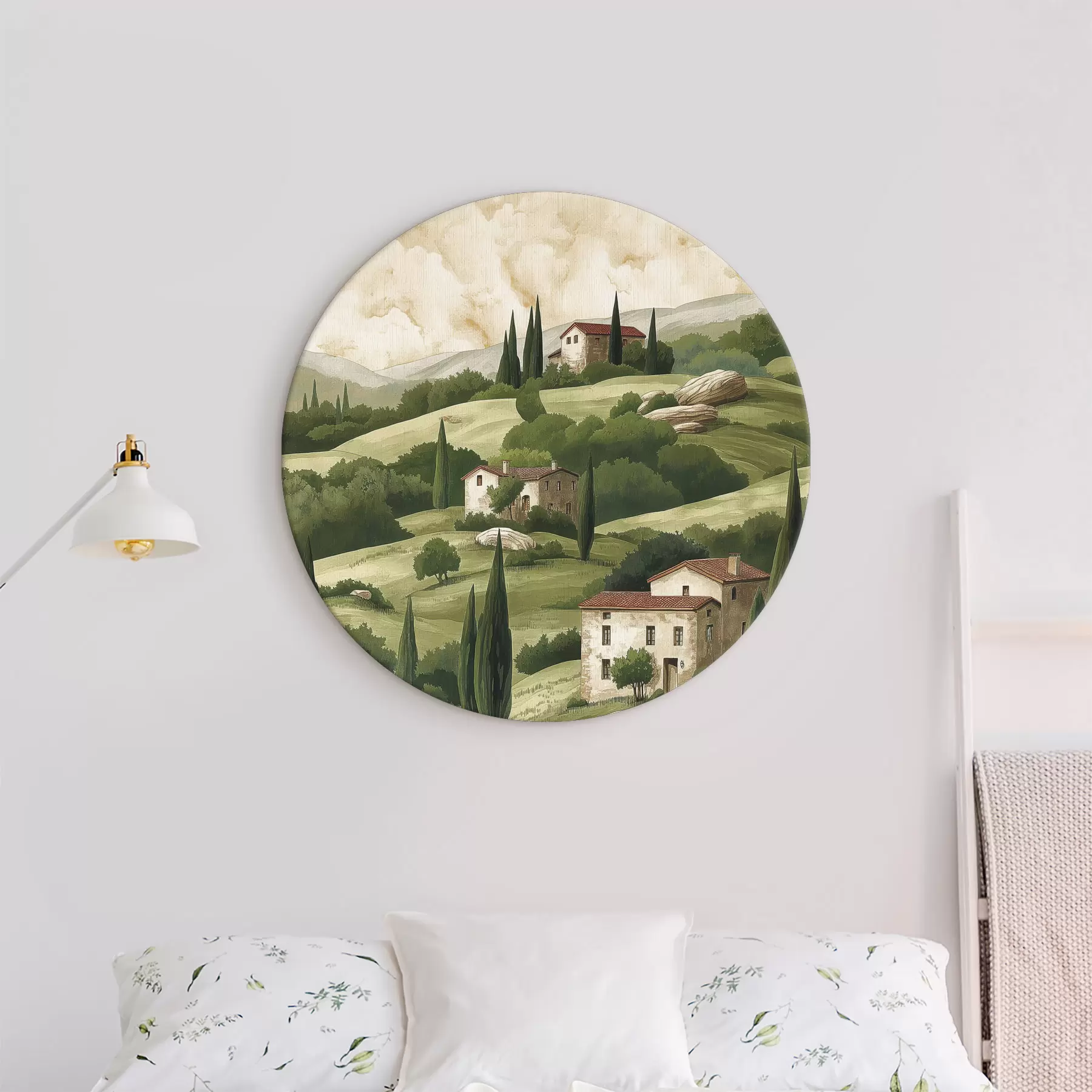 Fototapete Landschaft mit Vintage-Häusern, pastellgrüne Farben, Acrylzeichnung, rustikal r40080