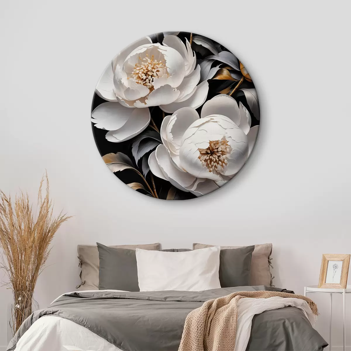 Runde Wandbilder Große weiße Blüten auf dunklem Hintergrund r40040