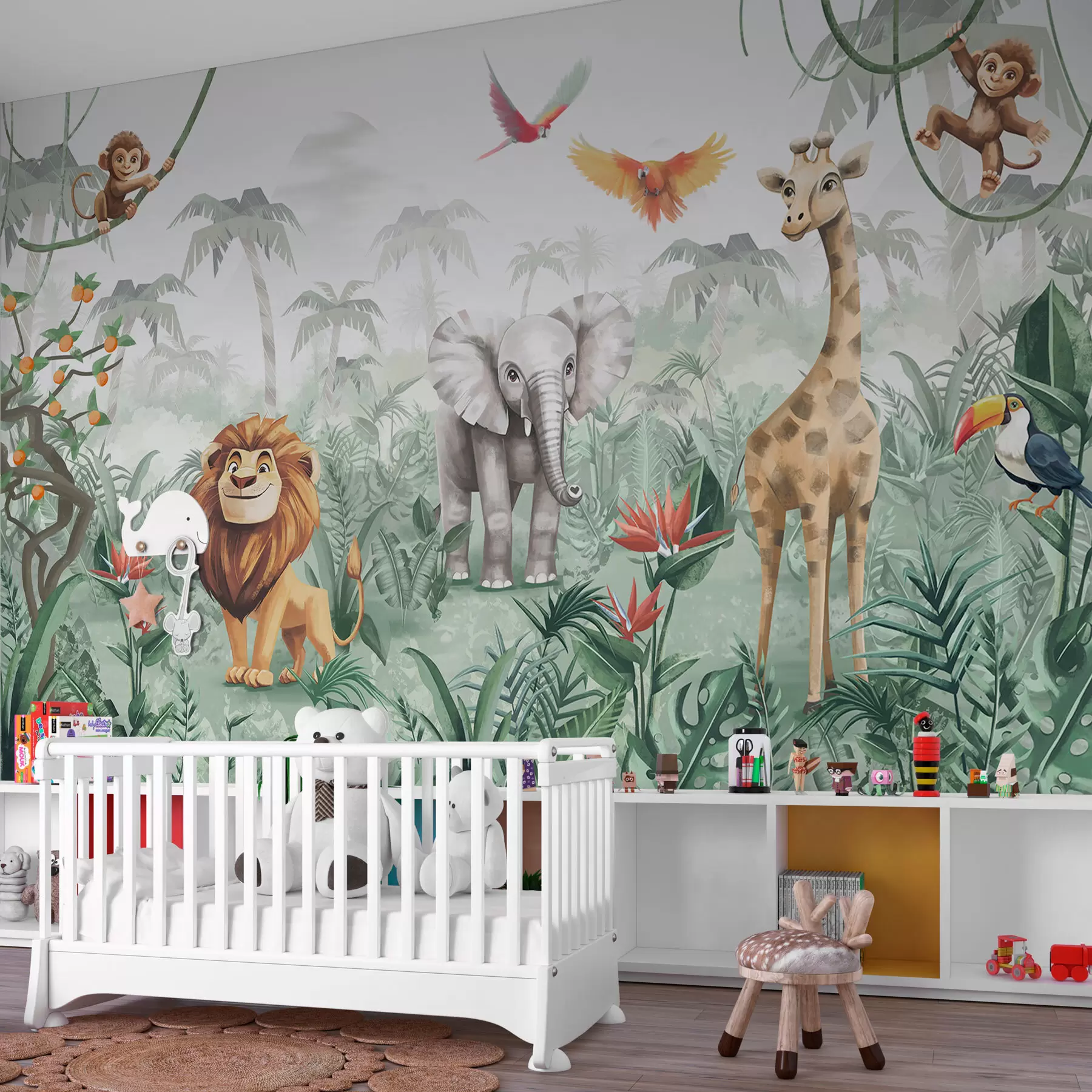 Fototapete Kinder-Dschungel-Design mit Löwe, Giraffe, Elefant und Papageien w02440