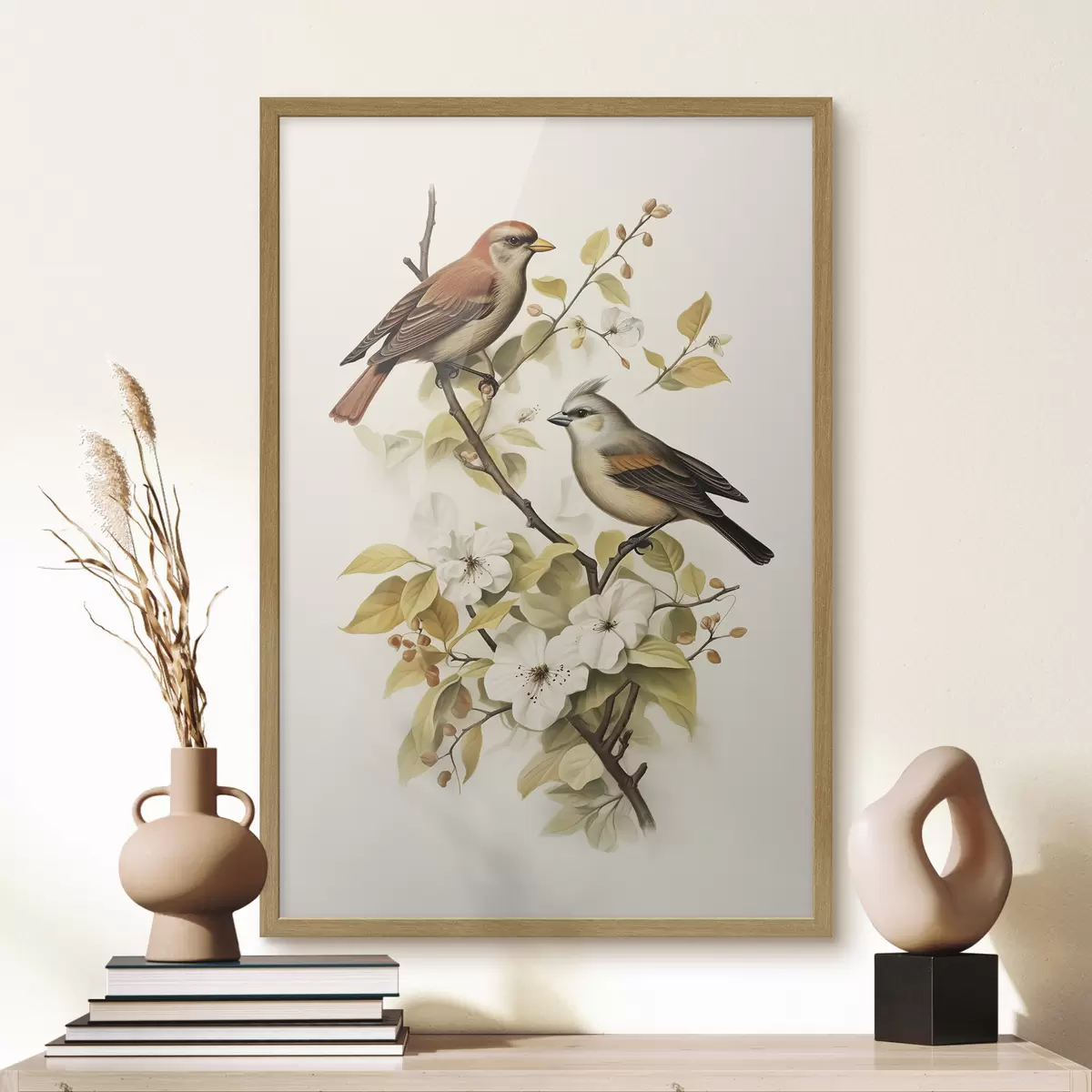 Poster Vögel auf einem Zweig im Vintage-Stil f42035