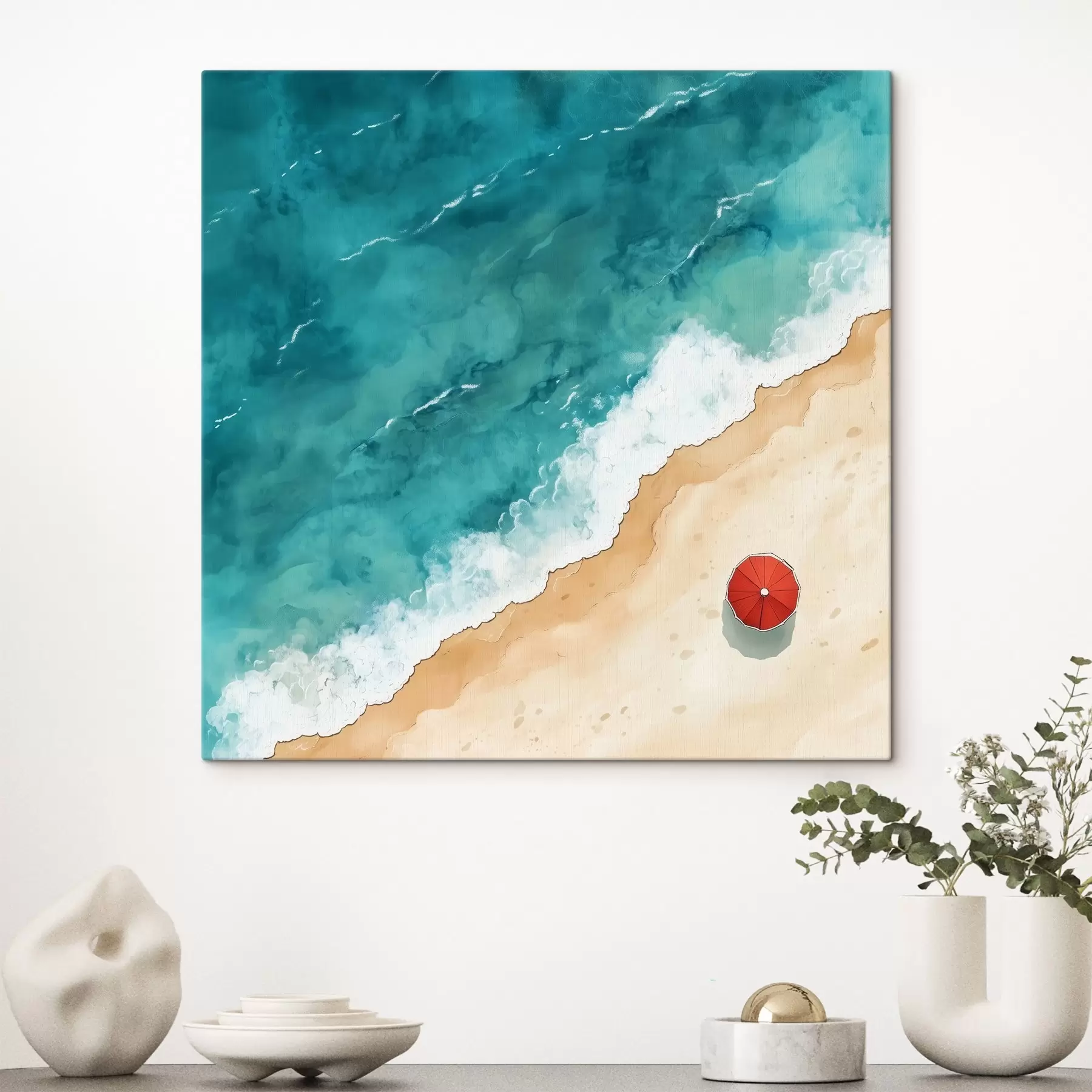 Fototapete Ein Sandstrand mit dem Meer und einem roten Sonnenschirm, Ansicht von oben s42040