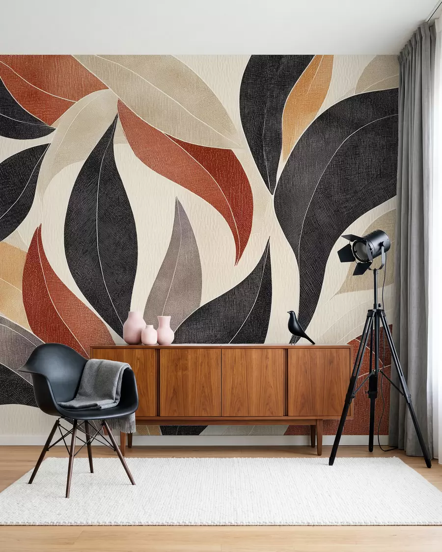 Fototapete abstrakte Blätter in einer Palette von Erdtönen - Beige, Terrakotta und Dunkelgrau w02452