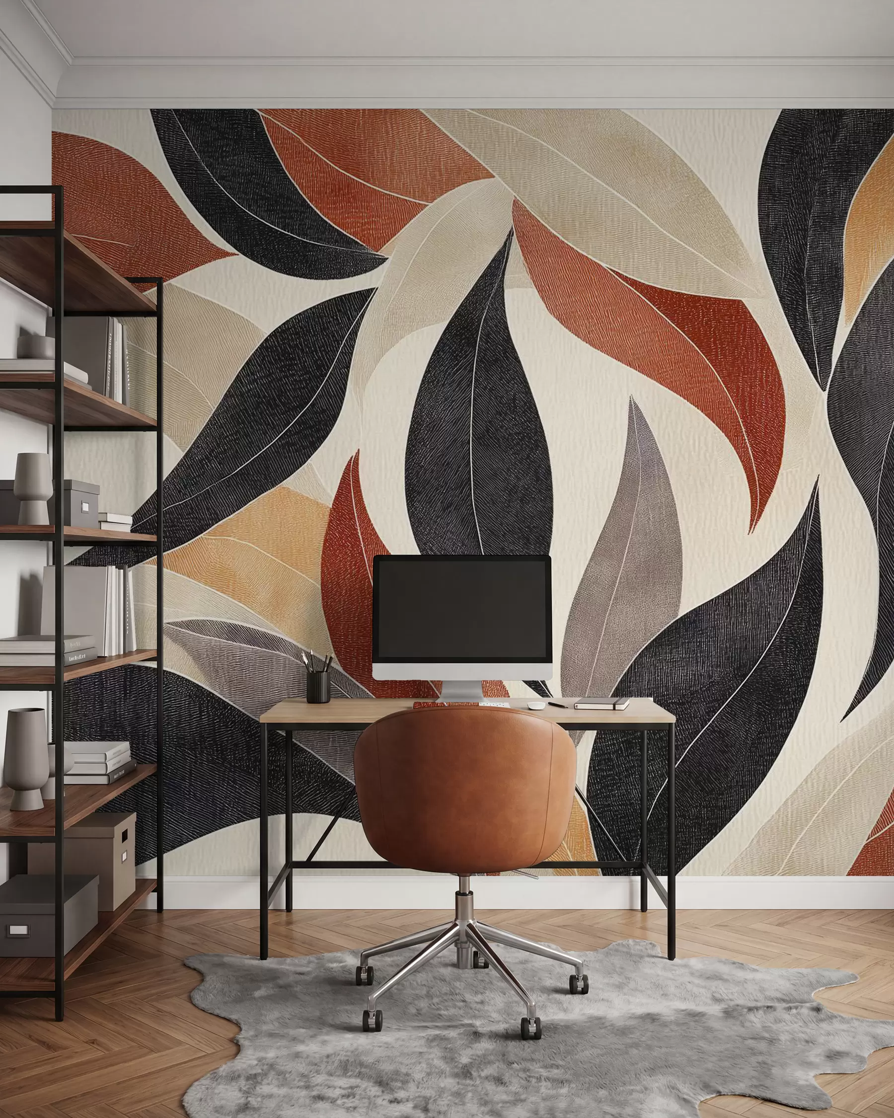 Fototapete abstrakte Blätter in einer Palette von Erdtönen - Beige, Terrakotta und Dunkelgrau w02452