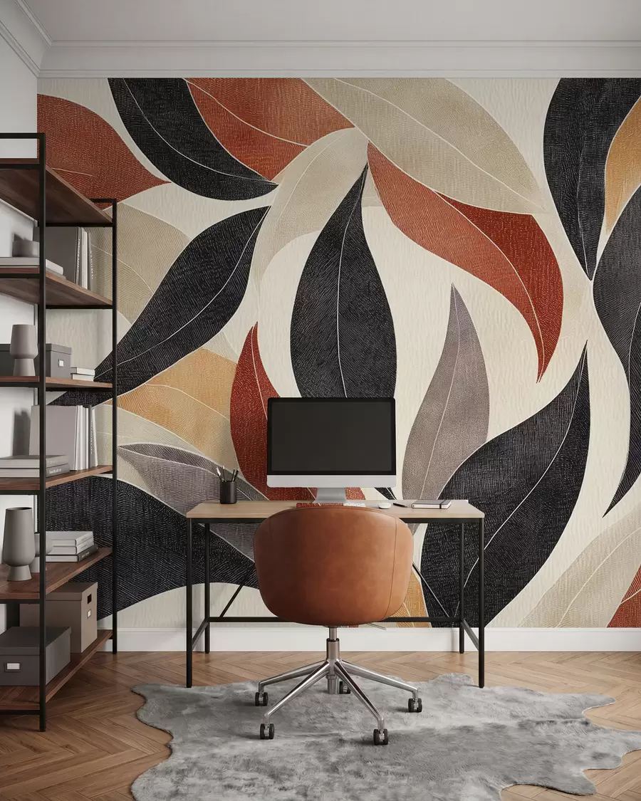 Fototapete abstrakte Blätter in einer Palette von Erdtönen - Beige, Terrakotta und Dunkelgrau w02452