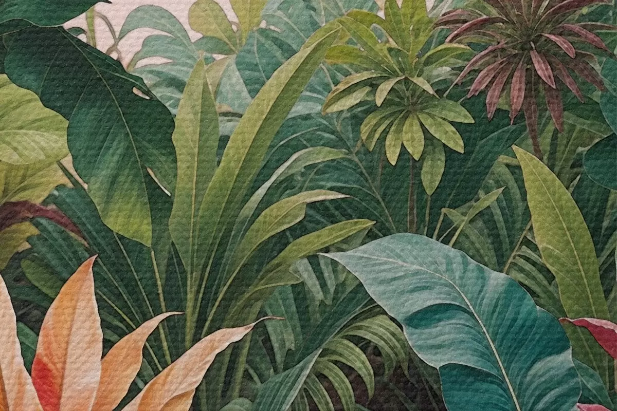 Runde Wandbilder Ein üppiger, tropischer Dschungel mit leuchtend grünen Blättern, Palmwedeln und bunten Blumen r38817