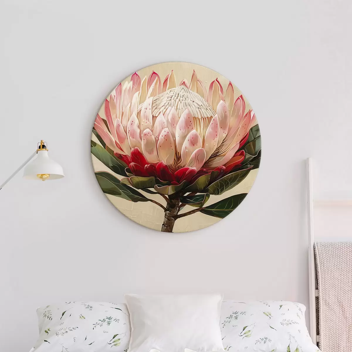 Runde Wandbilder Protea-Blume, Acrylzeichnung, floral, sanfte Naturfarben r39780
