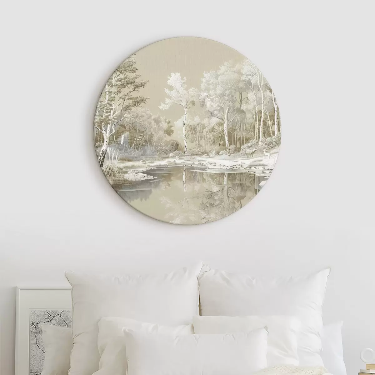 Runde Wandbilder Schöne Waldlandschaft, Teich und Bäume, Beige- und Weißtöne r39979
