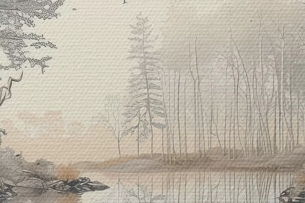 Runde Wandbilder Wunderschöne Naturlandschaft, Teich und Bäume, Tierwelt, sanfte Pastellfarben r39980