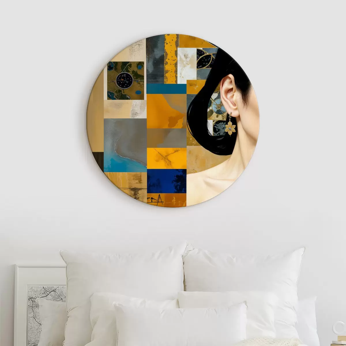 Runde Wandbilder Abstrakte geometrische Komposition mit Frauen und verschiedenen Formen, Texturen und Farben r40016